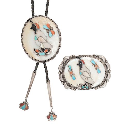 Zuni Channel Inlay Quail Bolo Tie and Belt Buckle