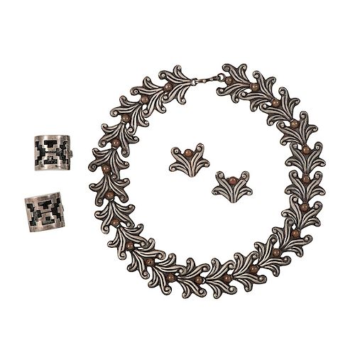 Mexican Silver Necklace, Earrings, AND Cuff Links