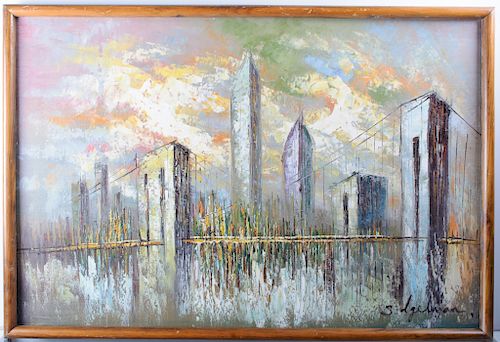 New York Skyline Signed Oil on Canvas
