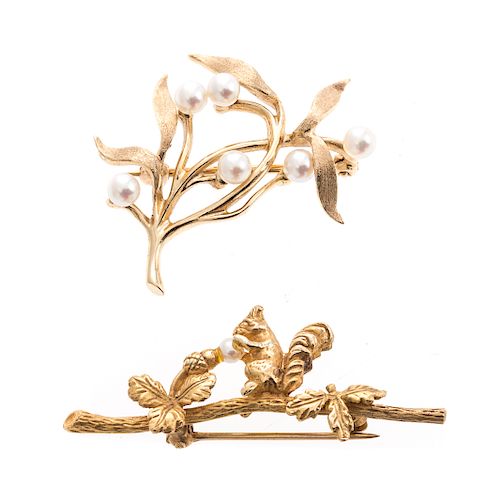 Two Lady's Pins with Pearls in 14K Gold