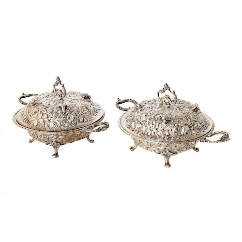 Rare pair Kirk repousse coin silver covered dishes