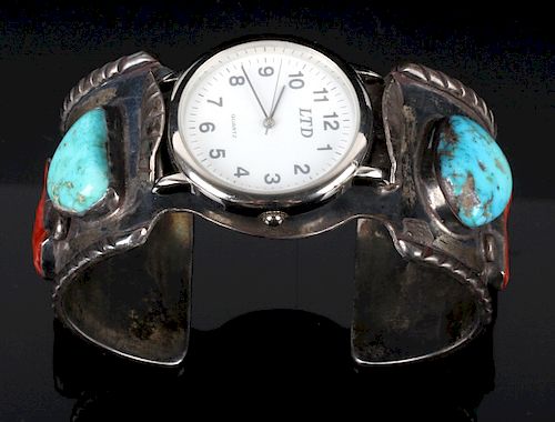 Navajo Sterling Silver Turquoise and Coral Watch