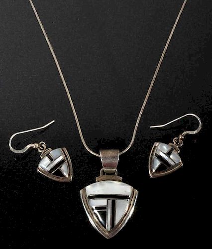 Navajo Sterling Inlaid Mosaic Necklace & Earings