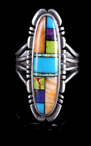 Signed Navajo Sterling & Multistone Mosaic Ring