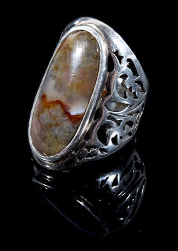 Navajo Sand Cast Sterling & Agate Cabochon Ring