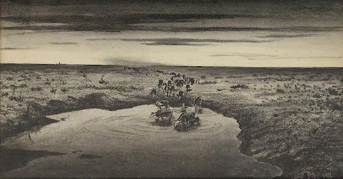 HURD, Peter. Ink and Charcoal. Cows Watering.