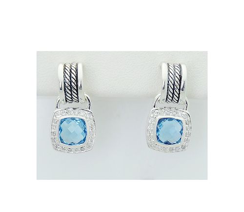DAVID YURMAN Sterling Silver Blue Topaz and Diamond Drop Earrings 