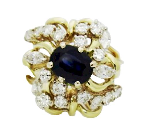 Estate 18K Yellow Gold Diamonds Sapphire Cocktail Ring