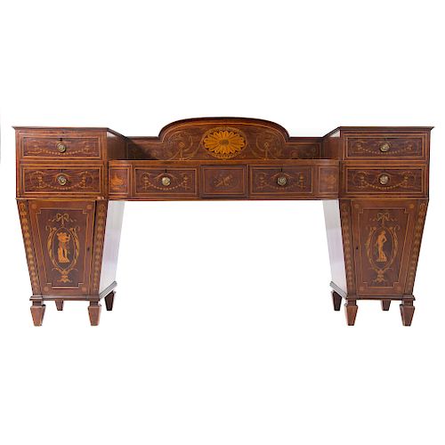 Victorian inlaid mahogany twin pedestal sideboard