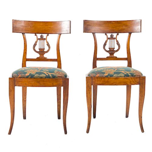 Pair Italian walnut lyre-back side chairs