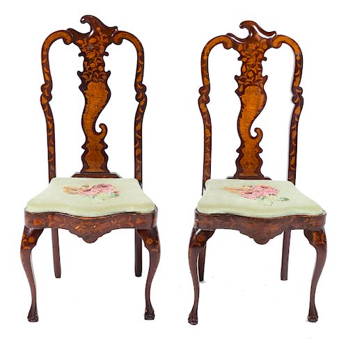 Pair Dutch inlaid marquetry side chairs