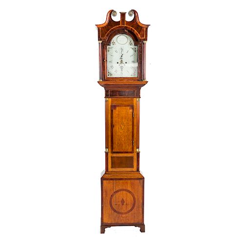 Scottish inlaid oak tall cased clock