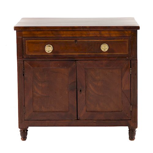 Miniature Regency style inlaid mahogany cabinet