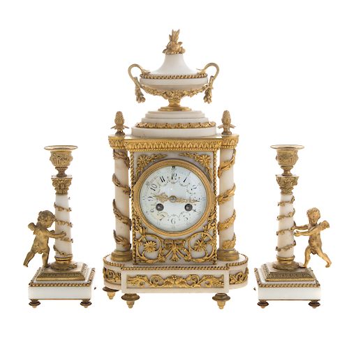 Napoleon III bronze and marble clock garniture
