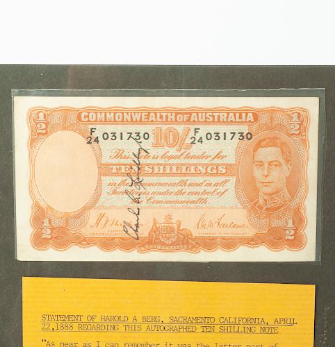 Lindbergh Signed Australian Ten Shilling Note, with Handwritten Letter from Man Who Asked for it