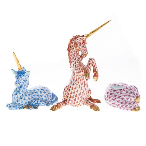 Two Herend porcelain unicorns and a rabbit