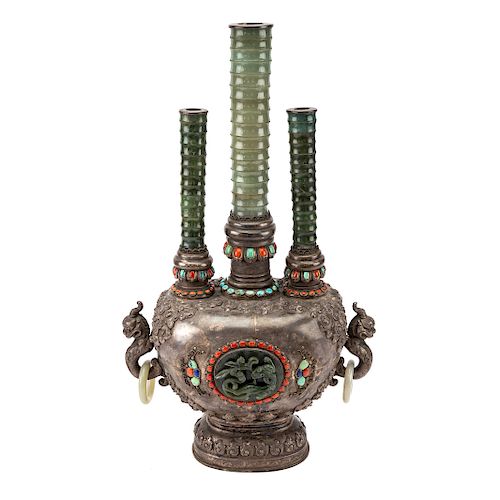 Chinese silver, jade and hardstone wine vessel