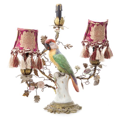 Rococo style porcelain parrot lamp