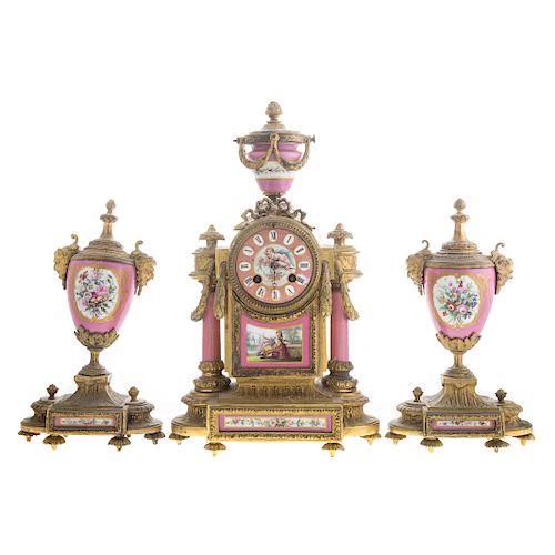 Phillipe H. Mourey gilt-metal clock garniture