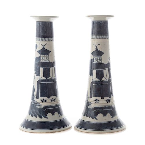 Pair Chinese Export Canton candlesticks