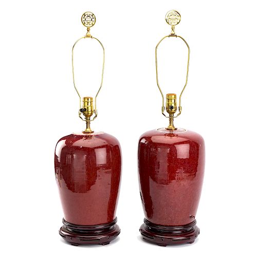 Pair Chinese Sang-de-Boeuf porcelain jar lamps
