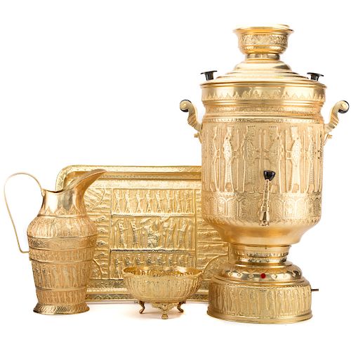 Persian gold-washed brass four-piece samovar set