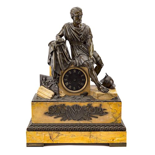 French Empire bronze and marble figural clock