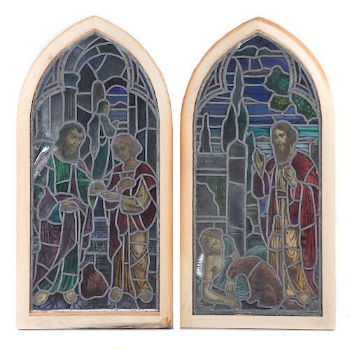 Pair Continental leaded/stained glass windows