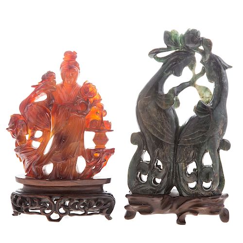Chinese carved agate Quan-Yin & jade phoenixes