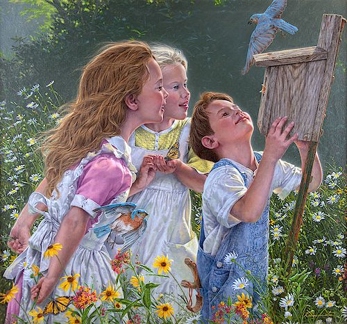 Children and Birds in Flower Garden by Lee Kromschroeder