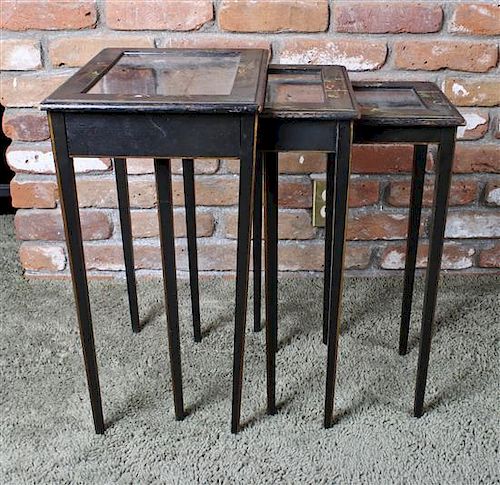 Three Chinoiserie Lacquered Nesting Tables, Height of tallest 22 1/4 x width 15 x depth 11 3/4 inches.
