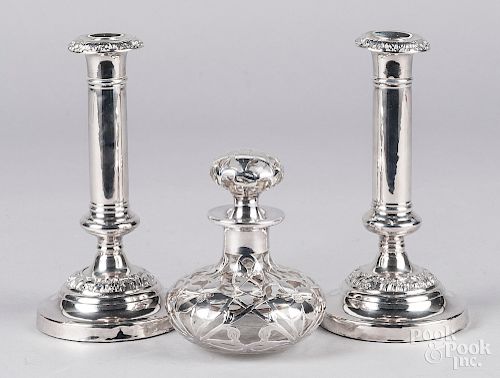 Pair of Sheffield silver plated candlesticks, etc