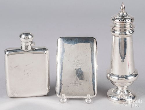 English silver cigarette case, flask, and castor