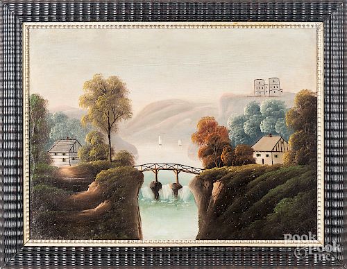 American primitive oil on canvas river landscape