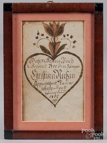 Ink and watercolor fraktur bookplate