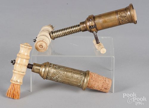 Two English brass and bone corkscrews