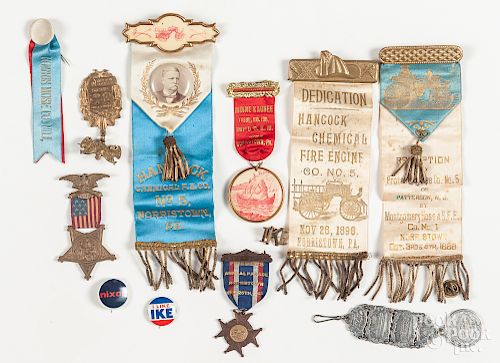 Collection of ribbons, pins and medals, etc.