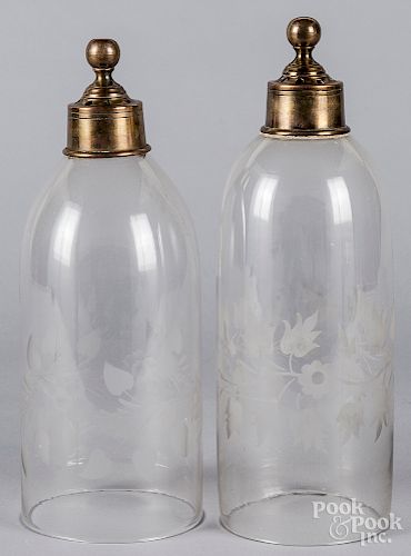 Pair of brass sconces with etched shades