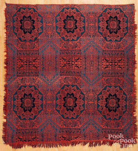 Red and blue jacquard coverlet
