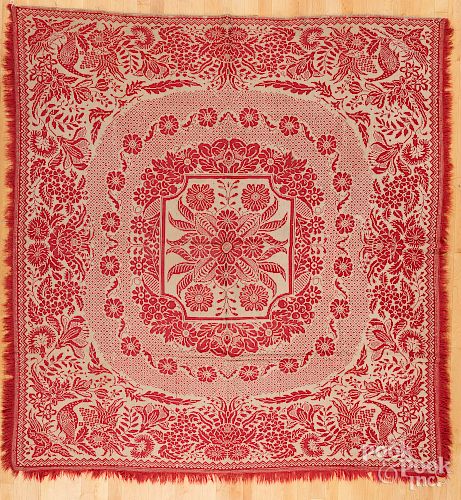 Two red and white jacquard coverlets