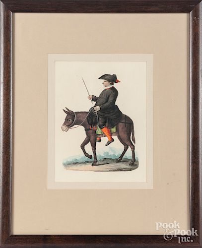 Two Continental watercolors of men riding donkeys
