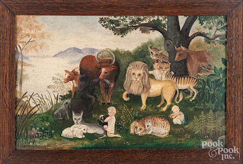 Oil on board of the Peaceable Kingdom