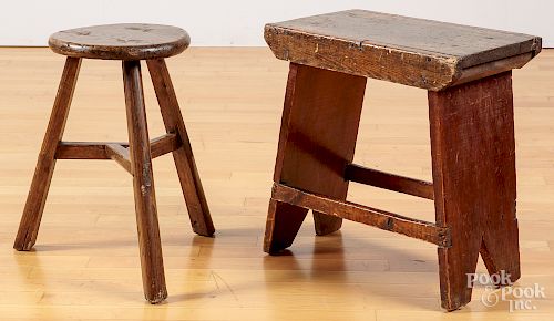 English yewwood stool, together with a pine stool