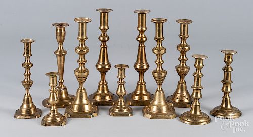 Three pairs of Victorian brass candlesticks, etc.