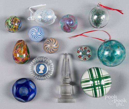 Group of glass paperweights and ornaments