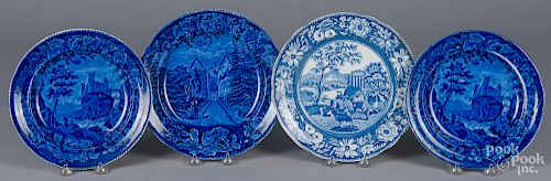 Four blue and white Staffordshire plates