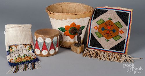 Two Native American beaded hide pouches, etc.