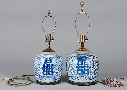 Pair of Chinese blue and white porcelain lamps