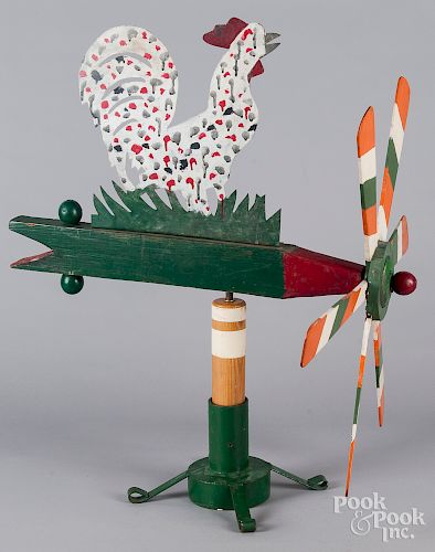 Painted wood and sheet metal rooster whirligig