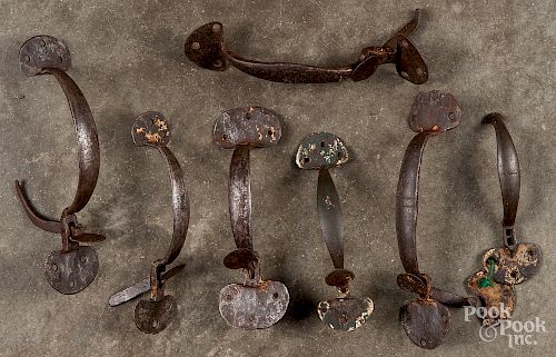 Seven wrought iron thumb latches